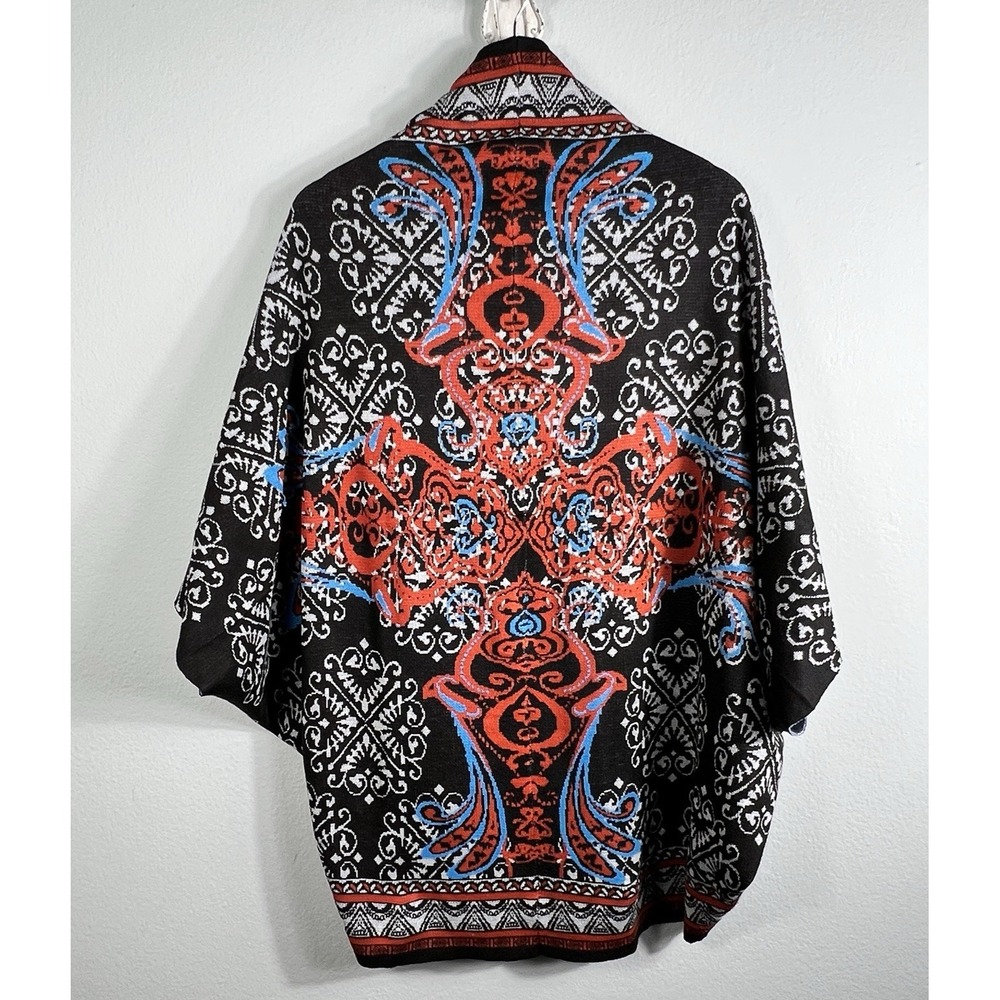 Jealous Tomato Kimono OS Black Orange Damask Geometric Boho Open Front Shawl